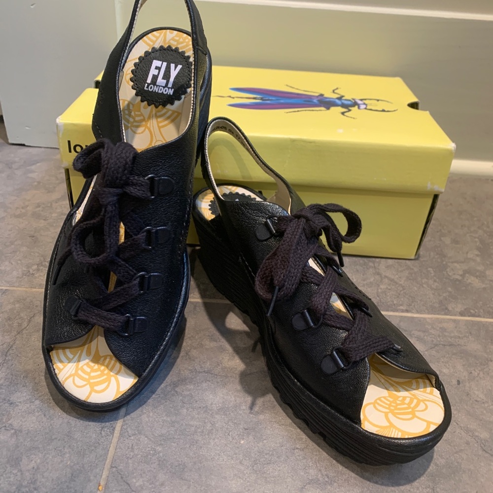 Fly London Black Yito Lace-Up Wedge Sandals